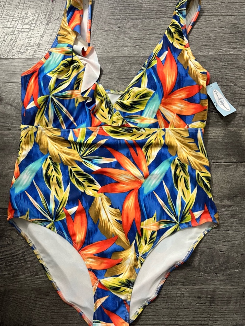 Pamela steward Blue Tropical Floral One-Piece Swimsuit with Orange Accents